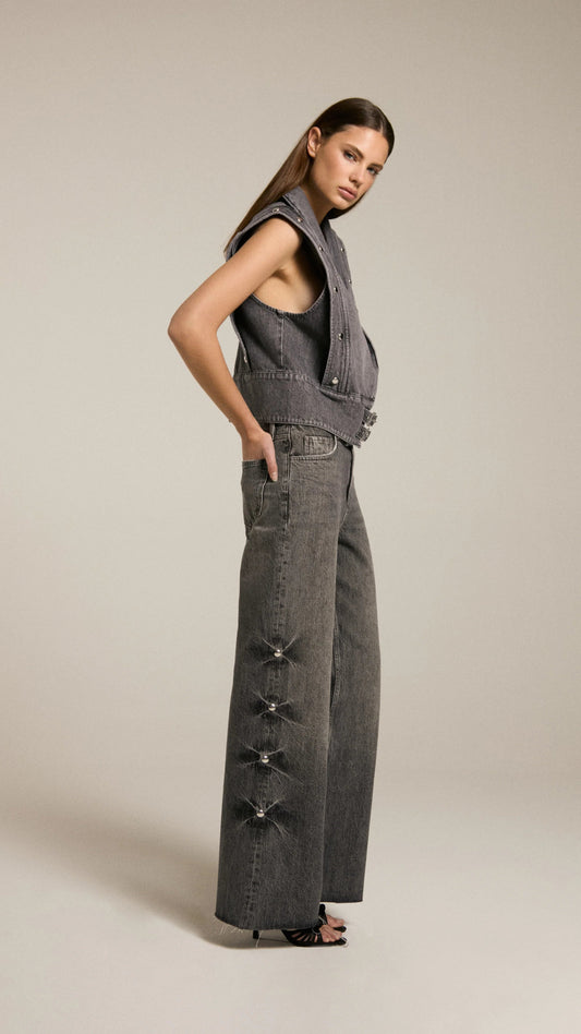 Homage - Mid Waist Wide Leg Jeans With Big Studs
