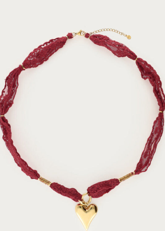 My jewellery - Burgundy ketting met kant en hartje